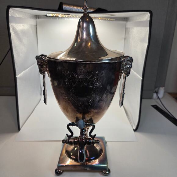 Early 20thC Silverplate Ram Head Beverage Urn Samovar w Lid & Working Spigot - Picture 16 of 16